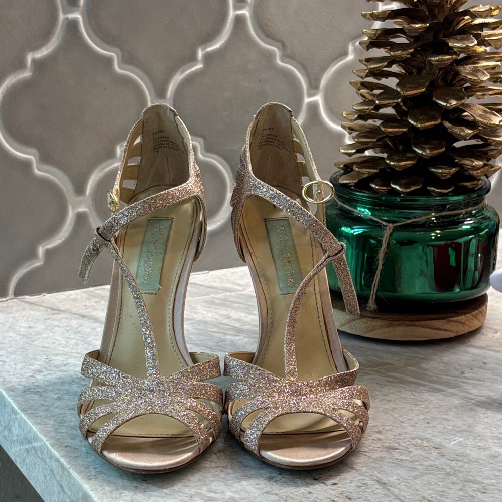 Betsey Johnson Glitter Strappy Heels in Gold